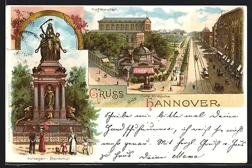 Lithographie Hannover, Ansicht am Hoftheater mit Strassenbahn, Kriegerdenkmal