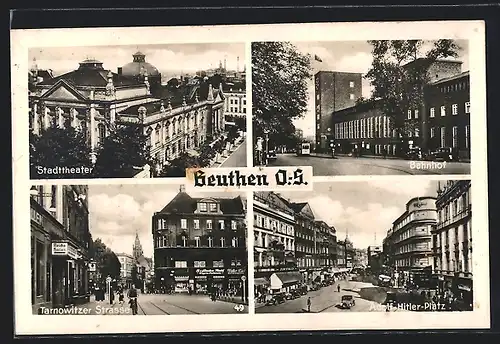 AK Beuthen, Stadttheater, Bahnhof, Tarnowitzer Strasse, Platz