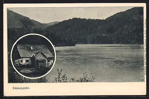 AK St. Wolfgang, Schwarzensee, Blick über den See und Gebäudeansicht