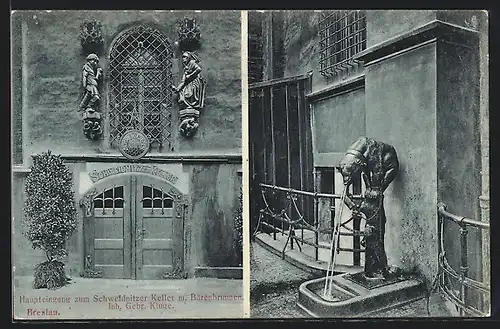 AK Breslau, Haupteingang zum Schweidnitzer Keller mit Bärenbrunnen, Inh. Gebr. Kluge
