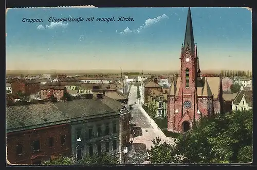 AK Troppau, Blick über die Eliesabethstrasse mit evangel. Kirche