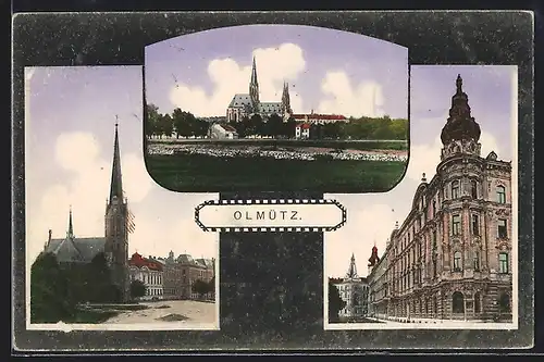 AK Olmütz, Kirche, Teilansicht mit Kirche, Strassenpartie