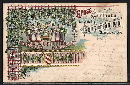 Lithographie Berlin, Gruss aus der Weinlaube der deutschen Concerthallen, Spandauerbrücke
