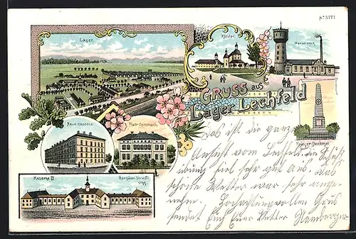 Lithographie Lager Lechfeld, Kloster, Neue Kaserne, Wasserwerk