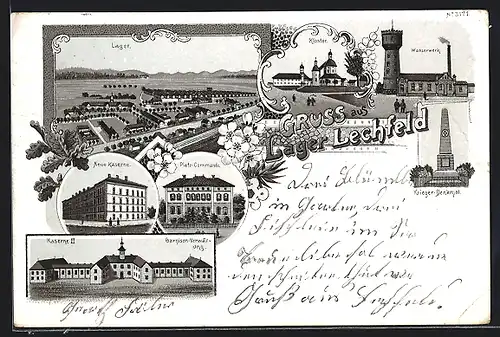 Lithographie Lager Lechfeld, Ortsansicht, Kloster, Wasserwerk, Kriegerdenkmal, Neue Kaserne, Platz-Commando