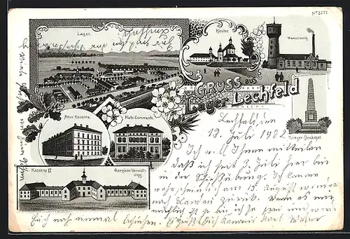 Lithographie Lager Lechfeld, Ortsansicht, Kloster, Wasserwerk, Kriegerdenkmal, Neue Kaserne, Platz-Commando