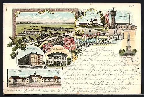 Lithographie Lechfeld, Lager Lechfeld, Neue Kaserne, Wasserwerk, Platz-Commando