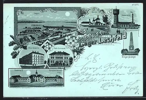 Mondschein-Lithographie Lager Lechfeld, Wasserwerk, Platz-Commando, Neue Kaserne