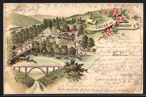 Lithographie Müngsten, Totalansicht, Deutschlands höchste Eisenbahnbrücke