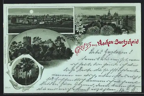 Mondschein-Lithographie Aachen-Burtscheid, Linzenhäuschen, Frankenburg und Rosenbad