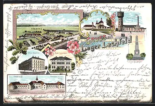 Lithographie Lechfeld, Lager Lechfeld, Neue Kaserne, Wasserwerk, Platz-Commando