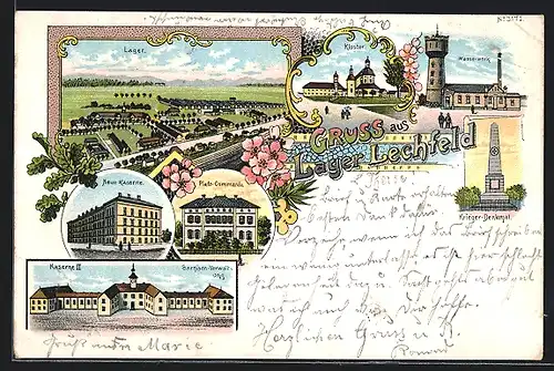 Lithographie Lechfeld, Lager Lechfeld, Neue Kaserne, Wasserwerk, Platz-Commando