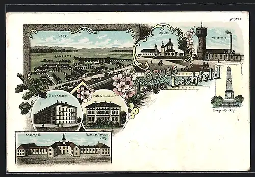 Lithographie Lager Lechfeld, Neue Kaserne, Kloster und Wasserwerk