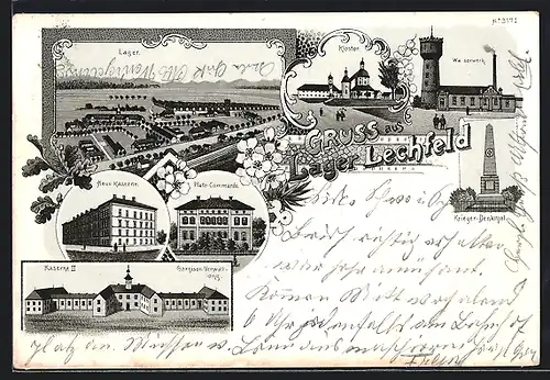 Lithographie Lager Lechfeld, Ortsansicht, Kloster, Wasserwerk, Kriegerdenkmal, Neue Kaserne, Platz-Commando