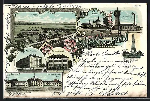 Lithographie Lager Lechfeld, Neue Kaserne, Platz-Commando, Wasserwerk, Krieger-Denkmal