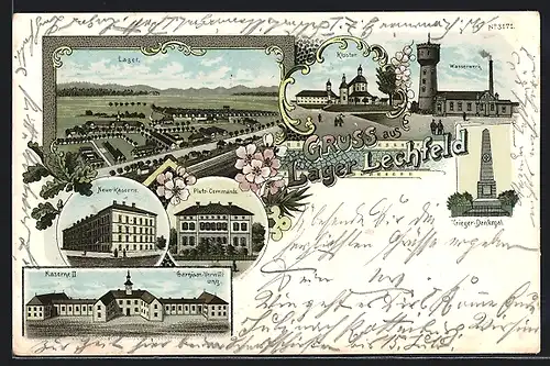 Lithographie Lager Lechfeld, Ortsansicht mit Kloster, Kasernen und Wasserwerk