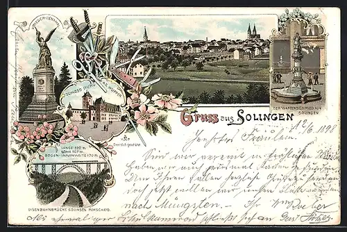 Lithographie Solingen, Eisenbahnbrücke, Waffenschmied, Schloss Burg a. d. Wupper, Panorama