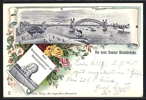 Passepartout-Lithographie Bonn, Neue Rheinbrücke, Brückenmännchen am Brückenpfeiler, Blumen