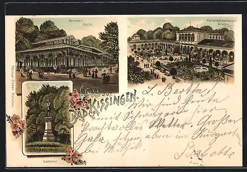 Lithographie Bad Kissingen, Brunnenhalle, Konversationshaus u. Anlagen, Denkmal