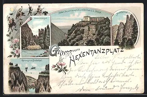 Lithographie Thale, Hoher Hexentanzplatz, Kronentempel, Sprung ins Bodethal, Hirschgrund