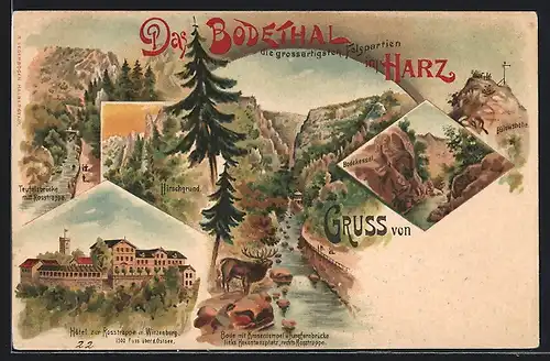 Lithographie Winzenburg /Harz, Bodethal im Harz, Hotel zur Rosstrappe, Kronentempel und Jungfernbrücke