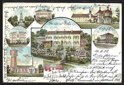 Lithographie Lager Lechfeld, Restaurant zum Steinernen Haus, Bahnhof, Wasserwerk