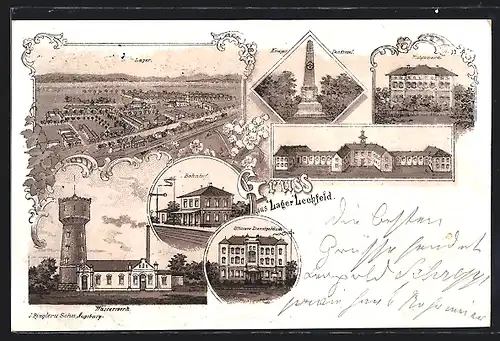 Lithographie Lager Lechfeld, Bahnhof, Platzcommando und Wasserwerk