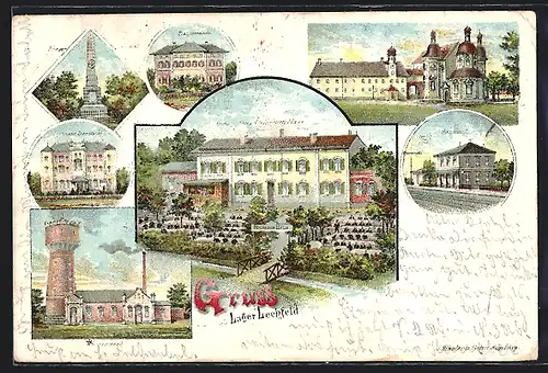 Lithographie Lager Lechfeld, Restaurant zum Steinernen Haus, Bahnhof, Wasserwerk