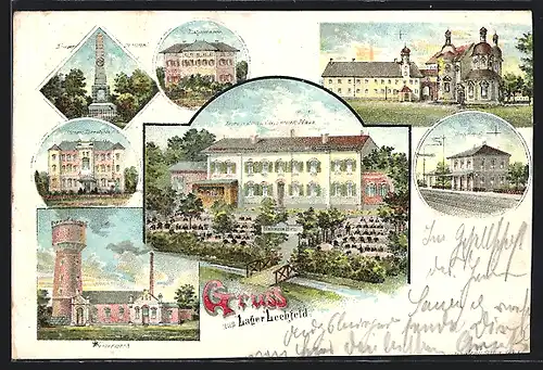 Lithographie Lager Lechfeld, Bahnhof, Wasserwerk, Kriegerdenkmal, Offiziers Dienstgebäude
