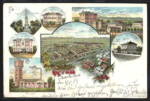 Lithographie Lager Lechfeld, Totalansicht, Bahnhof, Wasserwerk