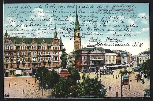 AK Berlin, Alexanderplatz mit Grand Hotel und Strassenbahn