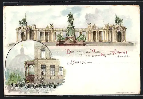 Lithographie Berlin, National-Denkmal Kaiser Wilhelm I. Militärparade am hist. Eckfenster