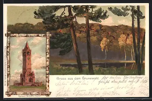 Lithographie Berlin-Grunewald, Blick auf den Grunewald, Kaiser Wilhelm-Turm