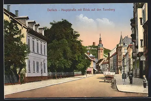 AK Durlach, Hauptstrasse mit Blick auf den Turmberg