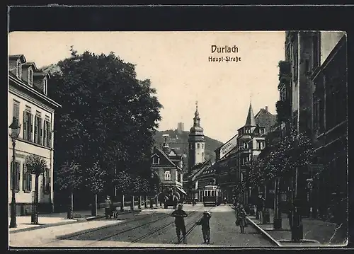 AK Durlach, Haupt-Strasse mit Strassenbahn