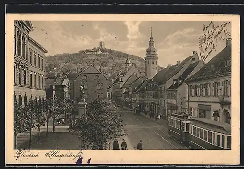 AK Durlach, Strassenbahn auf der Hauptstrasse