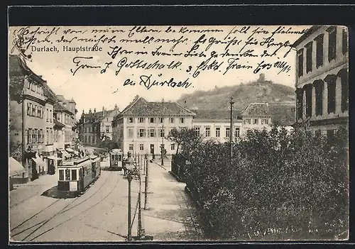 AK Durlach, Strassenbahnen durchqueren die Hauptstrasse