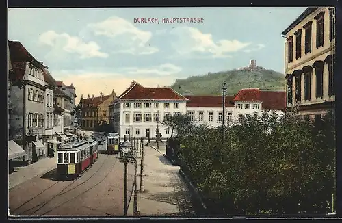 AK Durlach, Hauptstrasse mit Strassenbahn