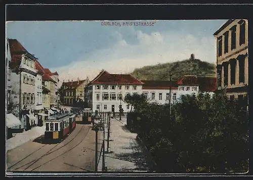 AK Durlach, Strassenbahn in der Haupstrasse