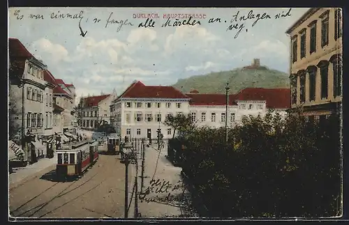 AK Durlach, Strassenbahnen durchqueren die Hauptstrasse