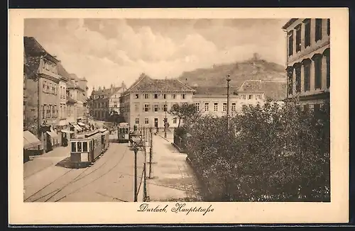AK Durlach, Strassenbahn und Geschäfte auf der Hauptstrasse