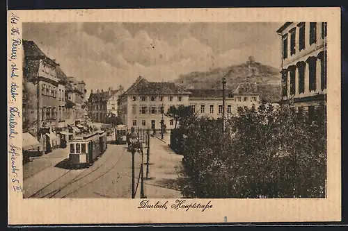 AK Durlach, Strassenbahn und Geschäfte auf der Hauptstrasse