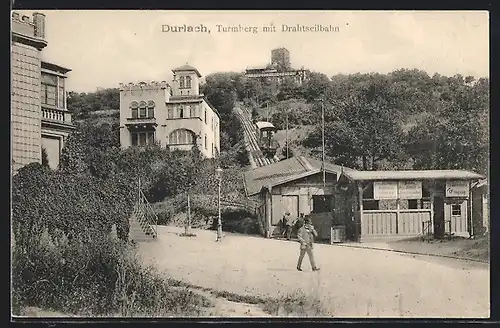 AK Karlsruhe-Durlach, Turmberg mit Drahtseilbahn