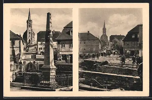 AK Bad Berggiesshübel, Platz an der Brücke vor u. nach der Überschwemmung am 8. /9. Juli 1927