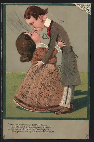 Künstler-AK Grosser schlanker Herr küsst kleine rundliche Dame, Scherz