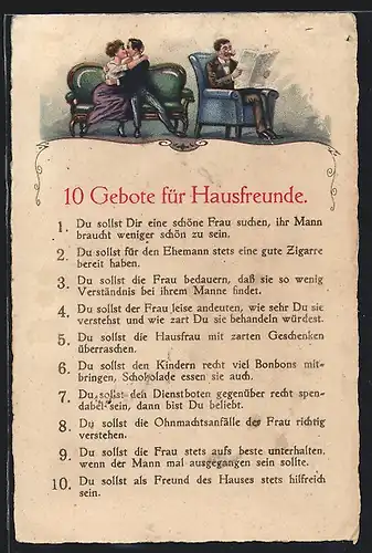 Künstler-AK 10 Gebote für Hausfreunde, Scherz