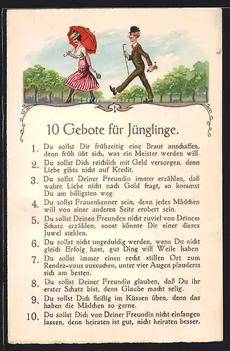 AK 10 Gebote für Jünglinge, Jüngling begleitet Dame, frauenfeindlicher Humor