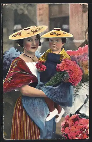 AK Französische Floristin mit ihrem Kind trägt Trachten aus der Provence