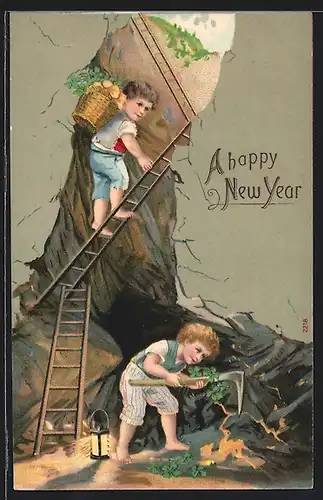 AK Viel Glück im neuen Jahre, Kleine Bergmänner auf der Suche nach dem Glück