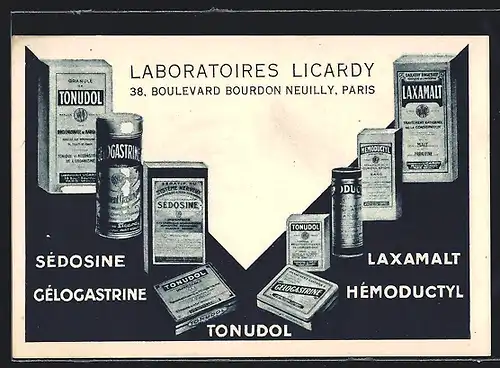 AK Reklame für verschiedene medizinische Produkte, Laboratoires Licardy